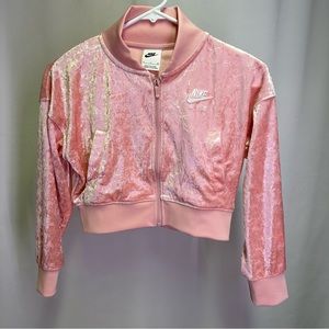 Nike Air Youth Girls Pink Crushed Velvet Zipper Crop Jacket Size S